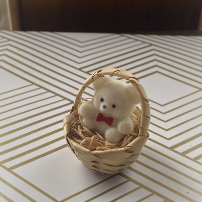 Flocked Teddy Bear In Basket Miniature Red Bow Tie
