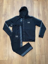 Under Armour Poly Tracksuit Hooded Top And Bottoms Black fit All Sizes