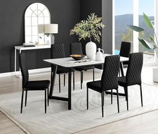 Carson 160cm White Marble Effect Dining Table & 6 Velvet Milan Black Leg Chairs