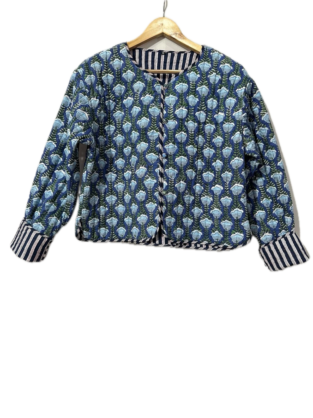 Indian Navy Blue Floral Cotton Quilted Unisex Jacket Women's Clothing Jacket US