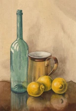 Mid 20th Century Watercolour - Lemons with Glass Bottle