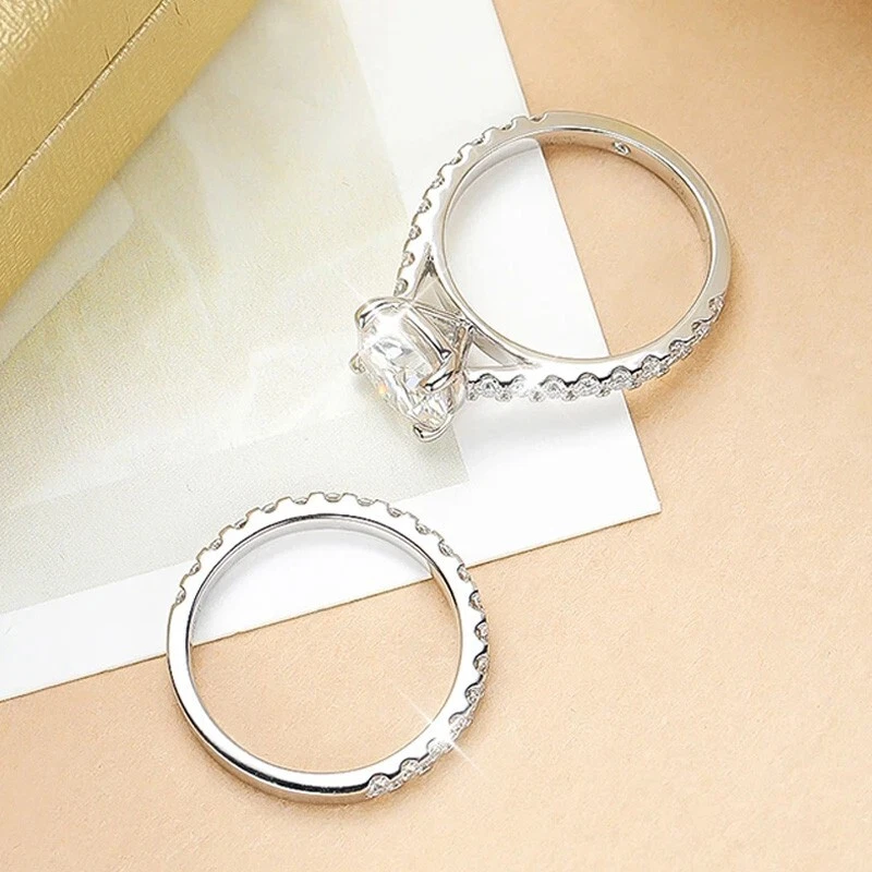 Full Real Round Cut Moissanite Ring Set Eternity Band 925 Sterling Silver GRA - Image 4 of 4