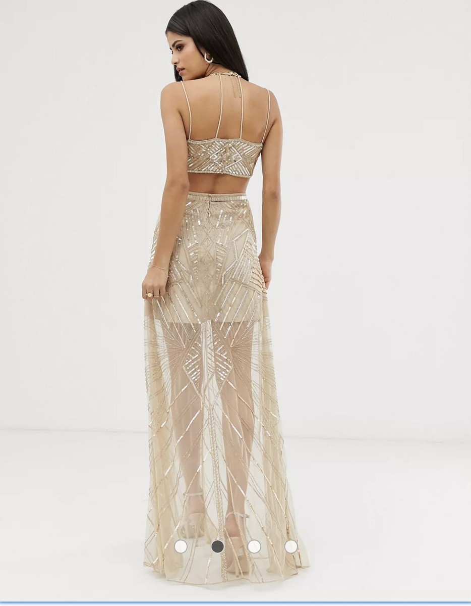 ASOS Retired Gold Sequin Cut Out Prom Evening Gown Dress Tall Size 14