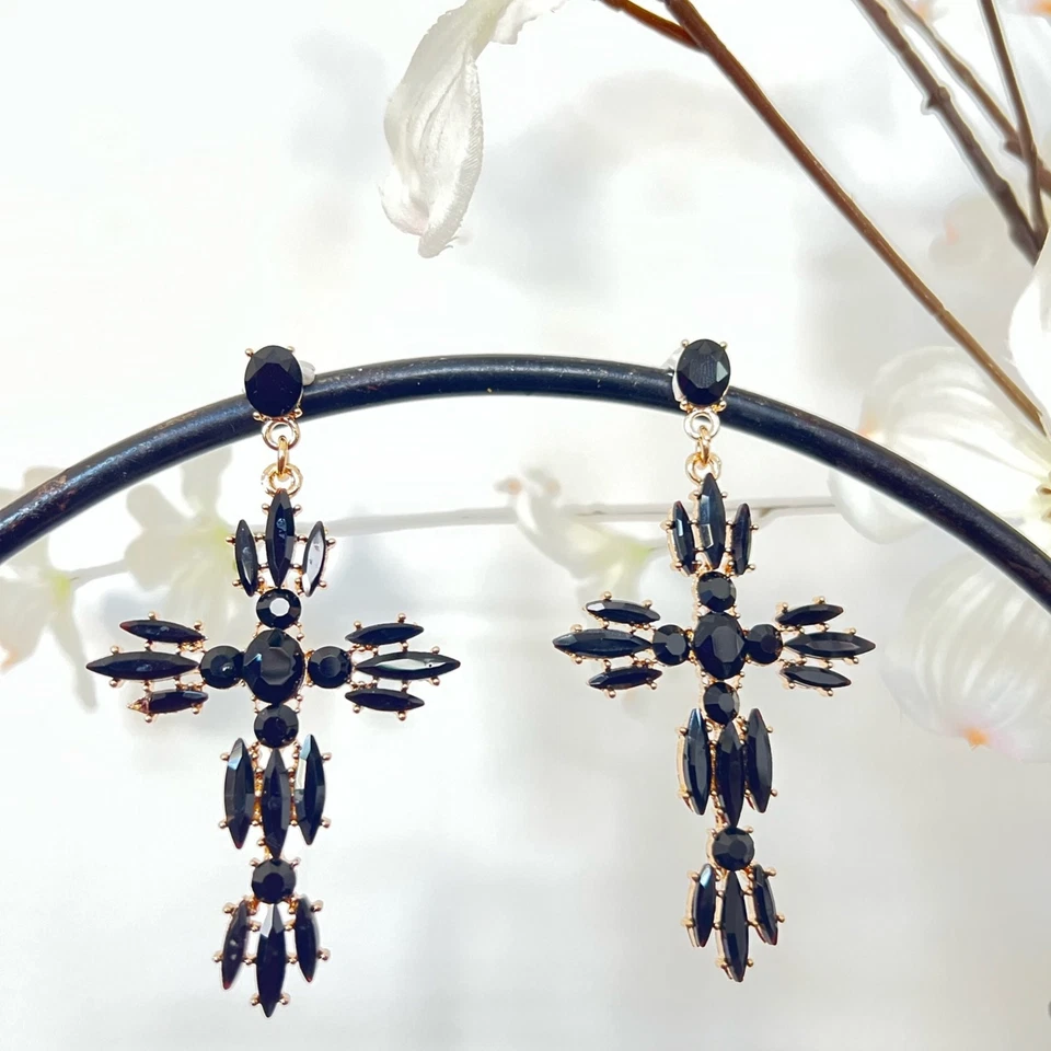 Pendientes Cruz Mujer Pendientes Cristal Negro Regalo para Mujer Pendientes Cruz Grande Foto 2 de 3