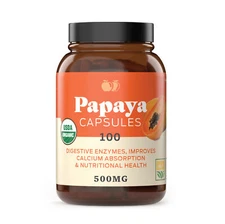 Organic Papaya Enzymes & Papain Capsules - 600mg 100 Pills Organic Papaya Powder