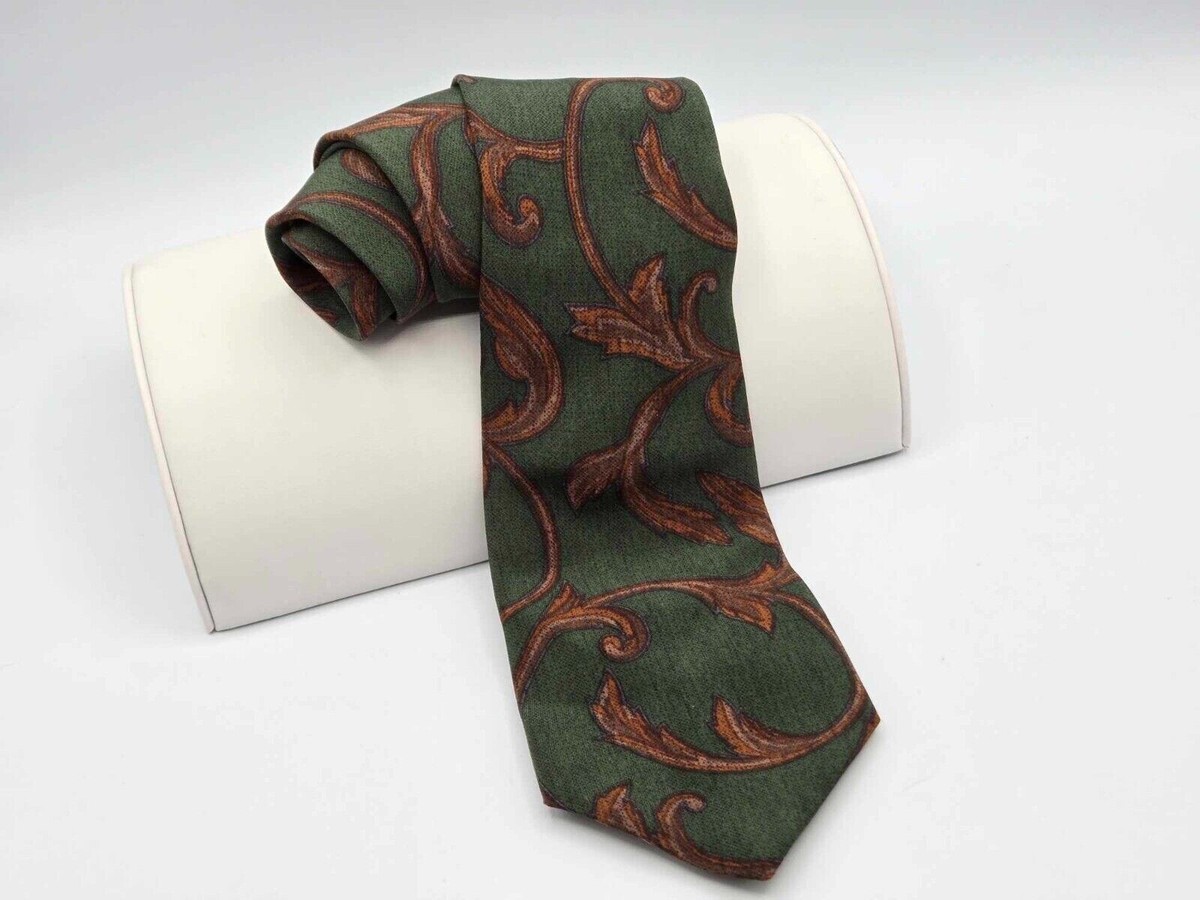 Brioni Neck Tie 100% Silk Green & Brown Leaf Vine Print Made In