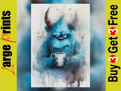 Whimsical blau Monster Sipping Kaffee Print A3, A2, A1 oder A0 - einzigartige Wandkunst