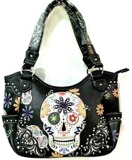 DAY OF THE DEAD BLACK SUGAR SKULL TOTE BAG CONCEALED PURSE SHOULDER HANDBAG