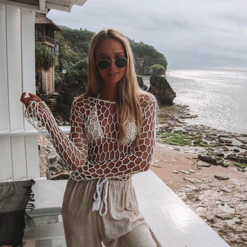 Sexy traje de baño de bikini de ganchillo liso transparente de manga larga Foto 4 de 4