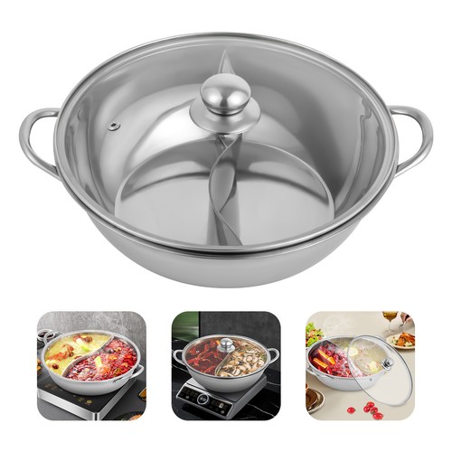 Shabu Divisore Doppio Lato Acciaio Inox Cucina Zuppa Pentola Calda Pentole con Coperchio - Foto 5 di 11