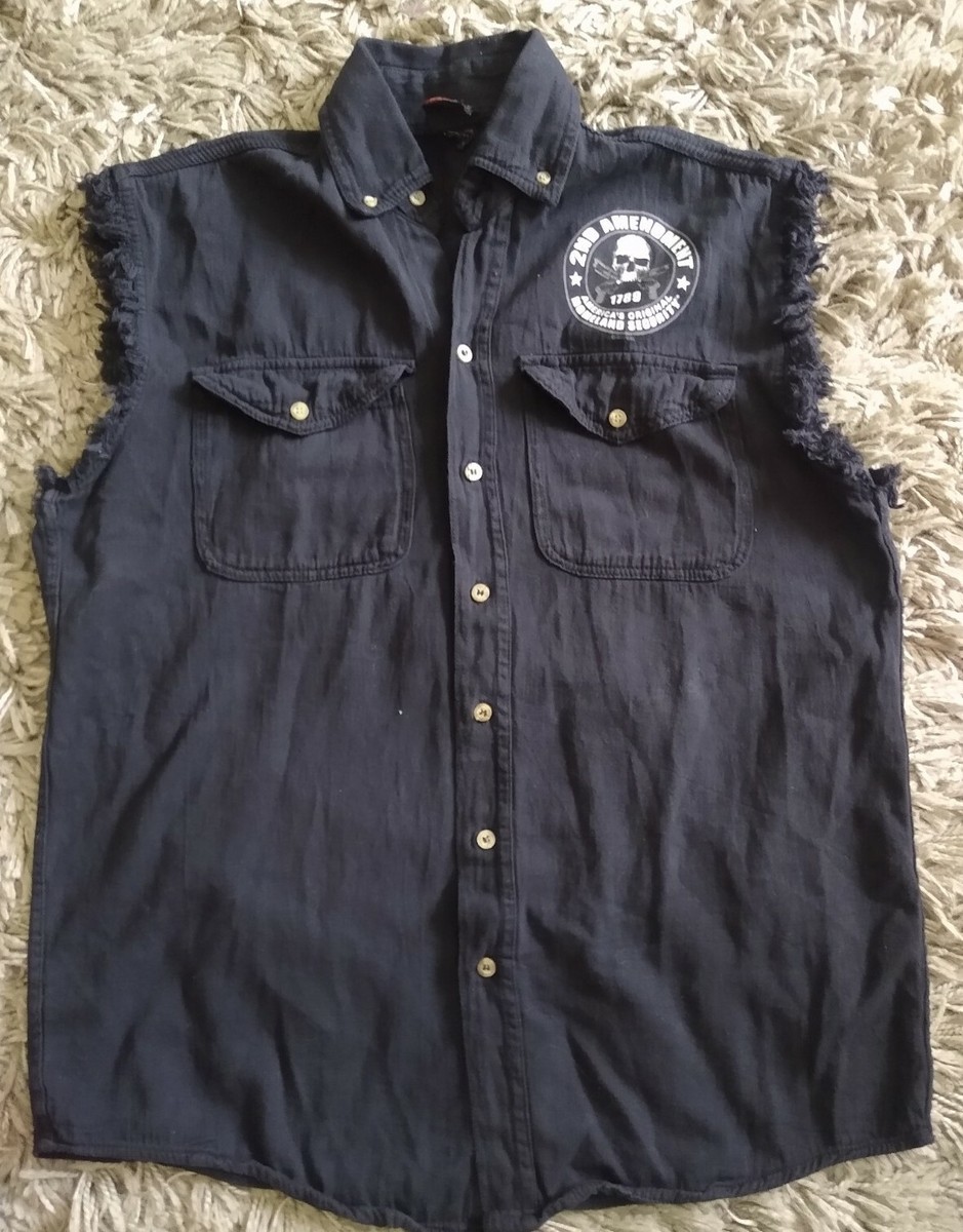 Hot Leathers 2nd Amendment Black Sleeveless Denim Button Down Shirt Sz M