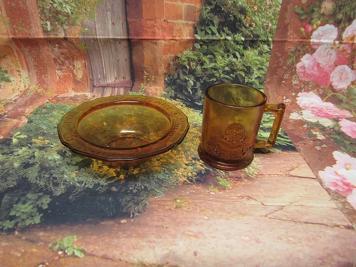 Vintage 2 PC Tiara Nursery Rhymes Amber Humpty Dumpty Cup Mother Goose Bowl