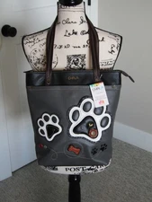 NEW CHALA BLACK GREY DOG PAW PRINT DELUXE EVERYDAY ZIP TOTE PURSE FAUX LEATHER