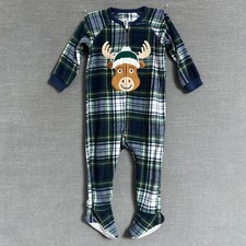 PJ Place Pajamas 12-18m Blue Plaid Fleece One Piece Footie Reindeer Holiday