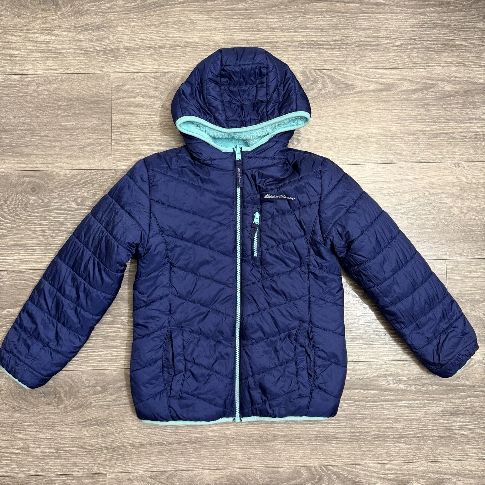 Eddie Bauer Kids Reversible Puffer Jacket Navy Blue Aqua Faux Fur Hooded S 7/8