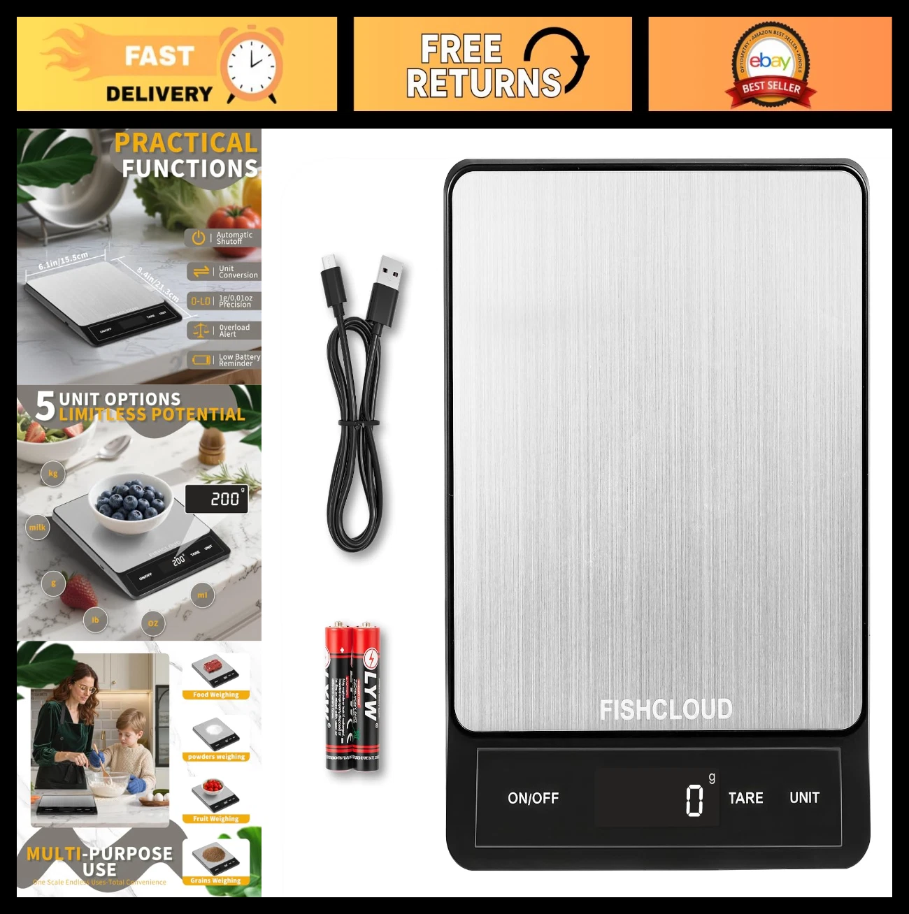 Rechargeable Digital Kitchen Food Scale 33lb, 1g Precision, Stainless Steel, LCD
