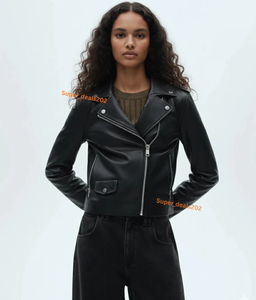Womens Black Leather Moto Coat Slim Fit Handmade Casual Lambskin Biker Wear Tops