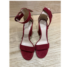 Gianvito Rossi Red Suede Strappy Block Heel Sandals Open Toe Ankle Strap 7