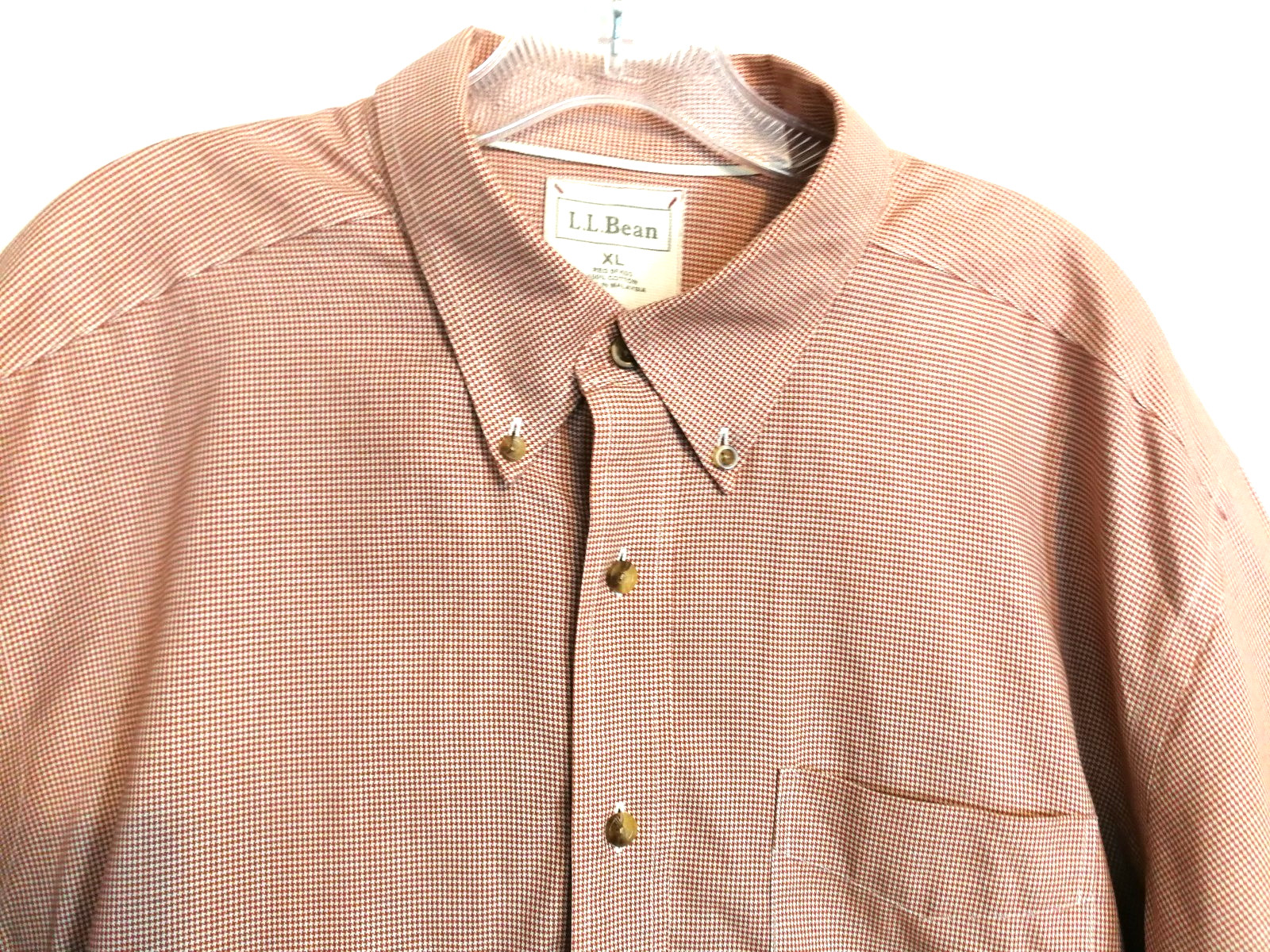 LL Bean Mens Shirt XL Burgundy White Houndstooth Pockets Button Up Career Office
