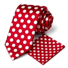 Men s Polka Dot Necktie Pocket Square Handkerchief Set Casual White Red