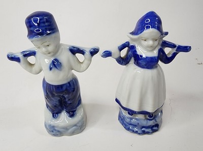 Vintage Blue & White Dutch Girl and Boy Water Carrier Made in Japan Figurine 