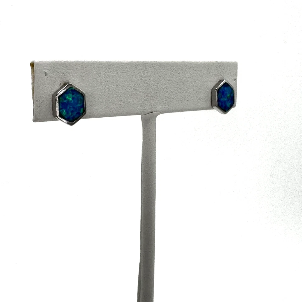 Aretes hexagonales de ópalo azul de plata de ley 925 Foto 3 de 4