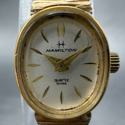 Hamilton Watch Women 14mm White Dial Gold Tone Oval New Battery