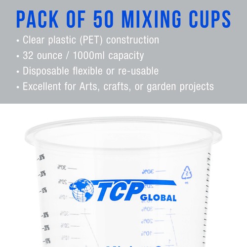 50 - 32oz. 1000ml Disposable Flexible Clear Graduated Plastic Mixing Cups, Paint - Picture 4 of 5