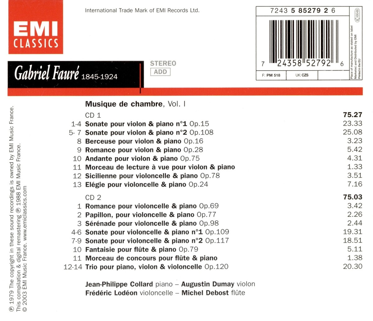 Faure: Musique de Chambre, Vol. 1; Collard, Dumay, etc. (CD Faure: Musique de Chambre, Vol. 1; Collard, Dumay, etc. (CD