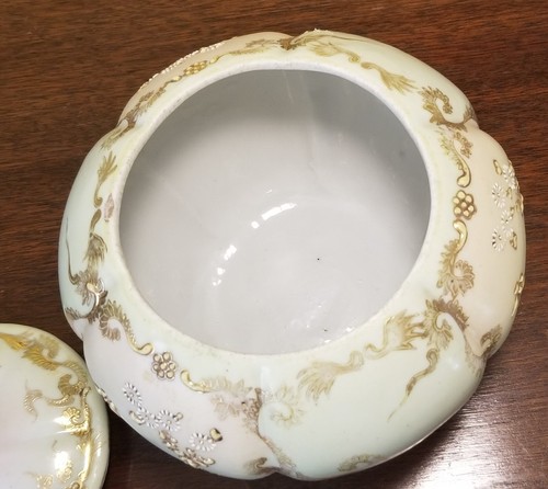 BISCUIT JAR~FOOTED~FLORAL~PORCELAIN~PALE YELLOW PINK GREEN~GOLD MORIAGE 6.5" - Picture 17 of 21