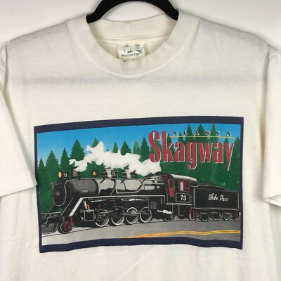 VINTAGE Skagway Alaska Train T Shirt Sz L White Multicolor 90s