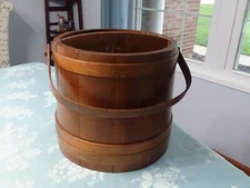 Antique Wooden Firkin Divided Sugar Bucket Banded Wood Handle No Lid 11.25" Tall