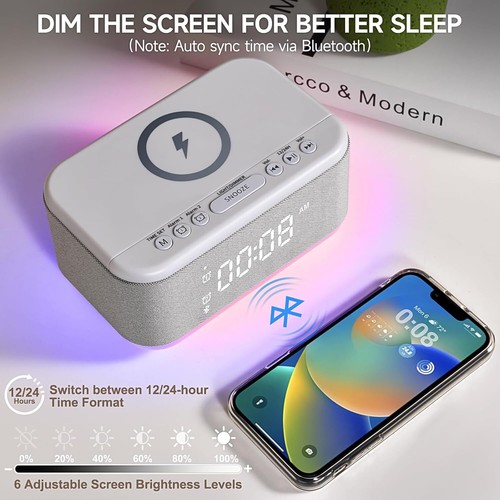 Alarm Clock Speaker Wireless Charger, Digital Alarm Clocks Bedrooms Bluetooth - Picture 26 of 39