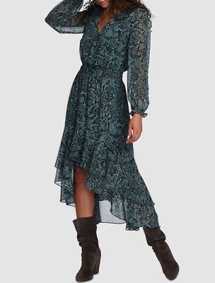 $285 Womens Green Snake-Print V-Neck Faux-Wrap Ruffle Midi Dress  Size XS