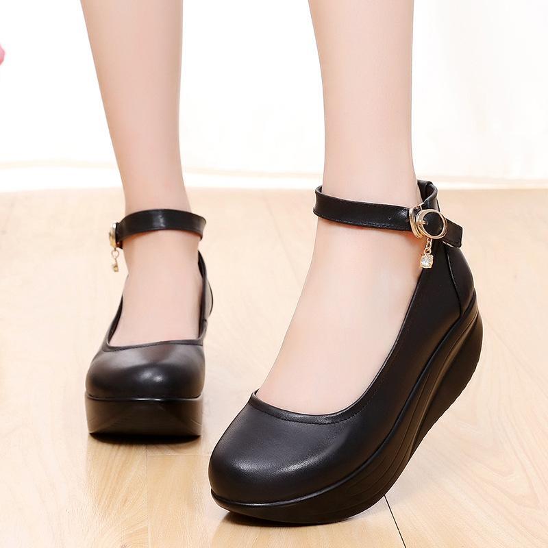 Women's Round Toe Platform Rocker Shoes Wedge Heels Ankle Strapy Pumps  Casual