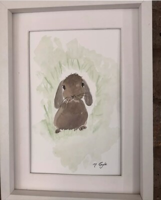 Baby Hase im Bau Aquarell, signiert Original Kunst, Vintage, Landhaus, Geschenk