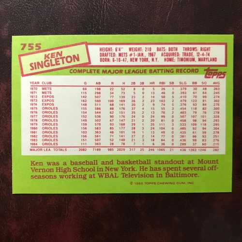 1985 Topps TIFFANY Set KEN SINGLETON #755 ORIOLES ** MINT ** HIGH GRADE ** - Picture 2 of 2
