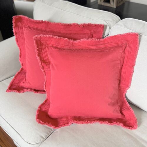 2 Pottery Barn Distressed Fringe Edge 18" Throw Pillow Cover Coral Red Textured - Picture 4 of 11