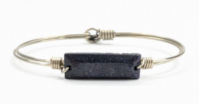 L & D Purple Goldstone Thin Silver Tone Wire Bangle Bracelet Made in USA
