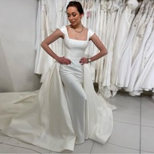 Satin Mermaid Wedding Dresses SquareNeck Sleeveless Bridal Gown Detachable Train