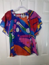 Coconinno Blouse Women L Short Sleeve Ruffle Light Flowing Pattern Colorful