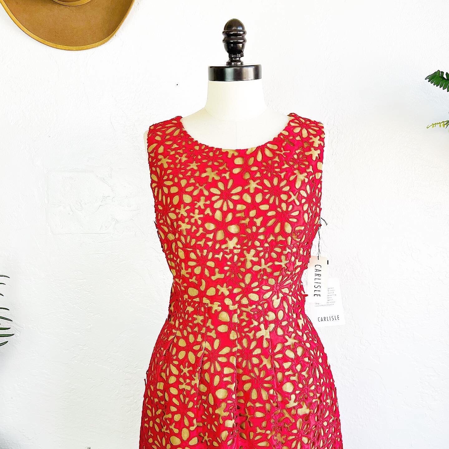 CARLISLE Designer Hand Embroidered Red Italian Linen & Charmeuse Satin Dress 8 M image 2