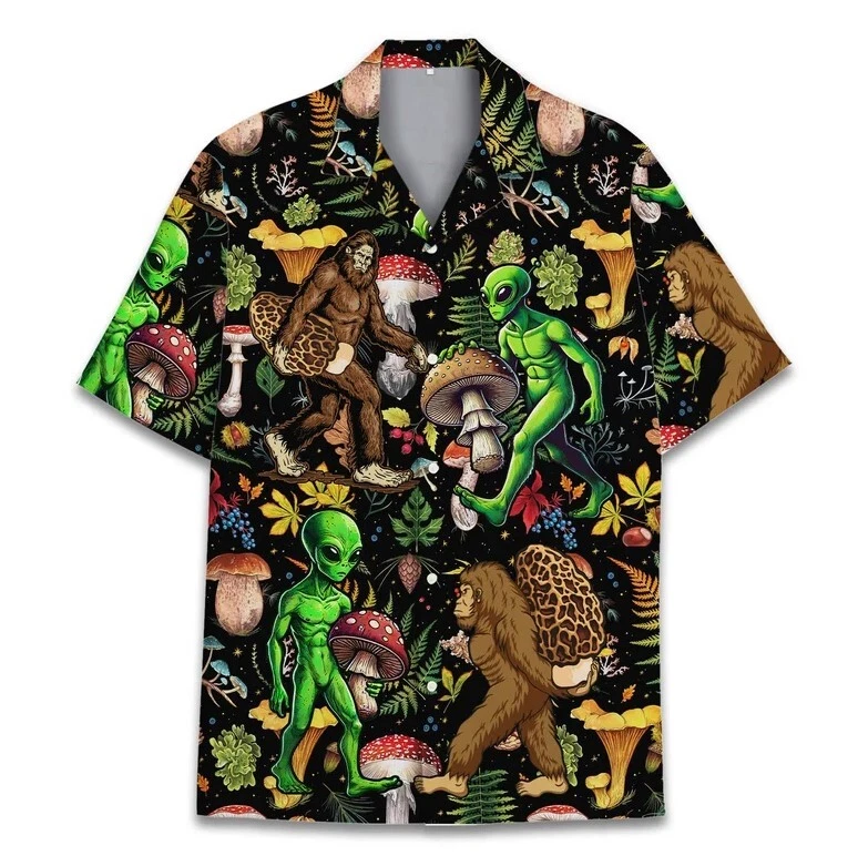 Bigfoot And Alien Hawaiian Shirt Men Women, Mushroom Hawaiian Shirt Summer