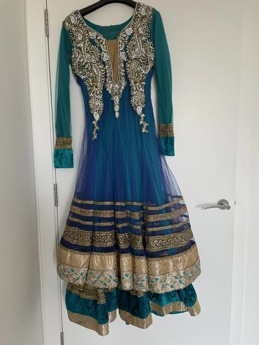 Indian Pakistani Long Anarkali Dress Teal Blue Size 8