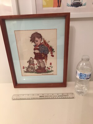 Vintage 1978 gerahmt/glasiert handbestickt KREUZSTICH M J Hummel Bild