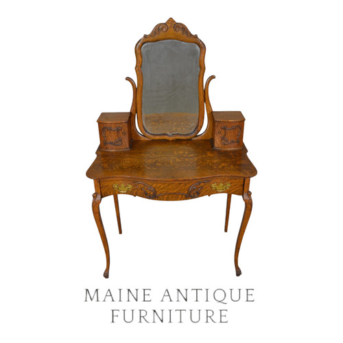 Victorian Oak Carved Vanity with Beveled Mirror & Ditty Boxes - 1890s #22577
