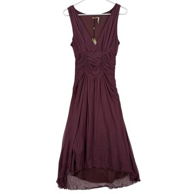 Max Studio Dress Womens Small Red Wine Silk Ruched Hi Low V Neck Party Cocktail