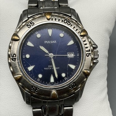 Pulsar Mens Watch 39mm Blue Dial Date 100m Two Tone V732-X798 New Battery 7.5''