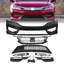 Front Bumper Cover Upper Lower Grill & LED Fog Lights For 2016-2017 Honda Accord