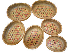 6 Vintage Woven Rattan OVAL Nesting/Stacking Baskets 7  -10  Boho Tan/Orange